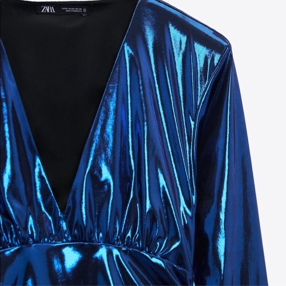 NWT ZARA LAMINATED BLUE DRAPED DRESS - Picture 12 of 14